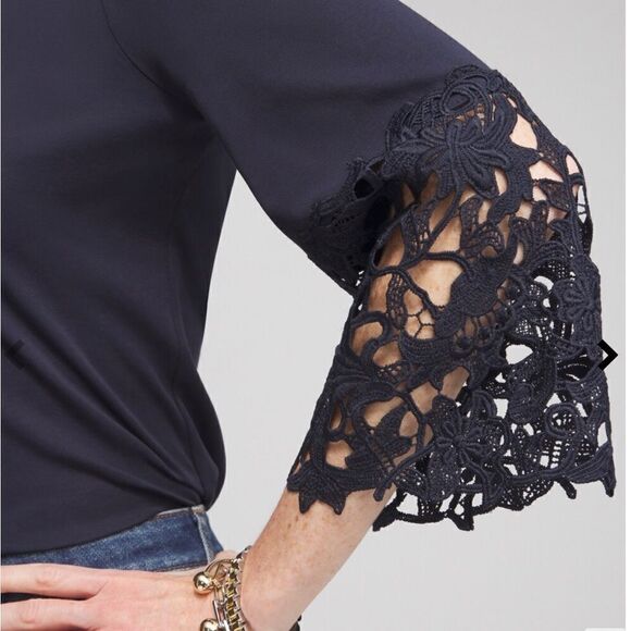 Chico’s SZ 0 Navy Blue Lace Appliqué Top - Picture 3 of 13